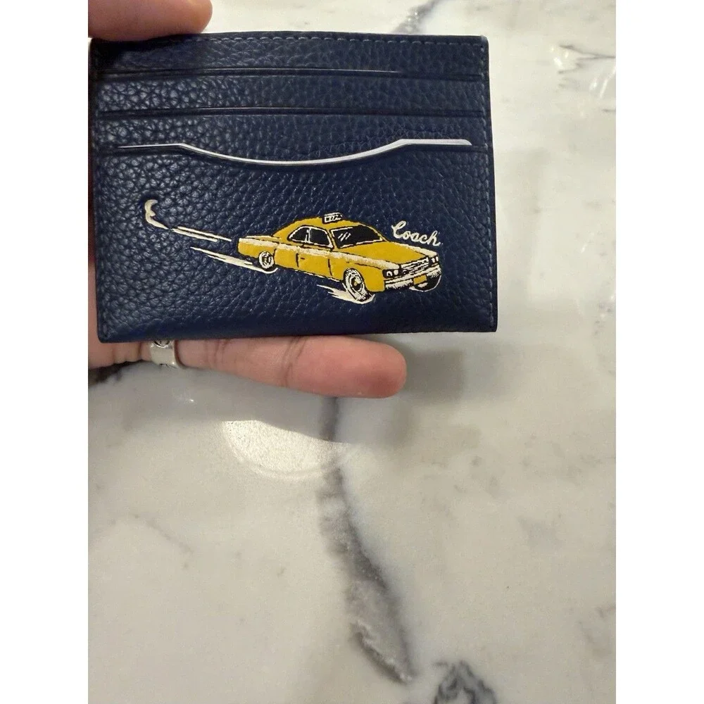 Coach Men’s Navy Leather Card Holder Wallet Taxi Cab Graphic Rare New